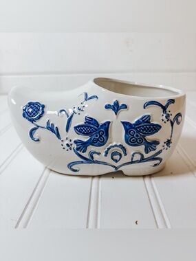 Vintage Blue and White Dutch Shoe Planter | Japan Delft Style Ceramic Shoe Shape